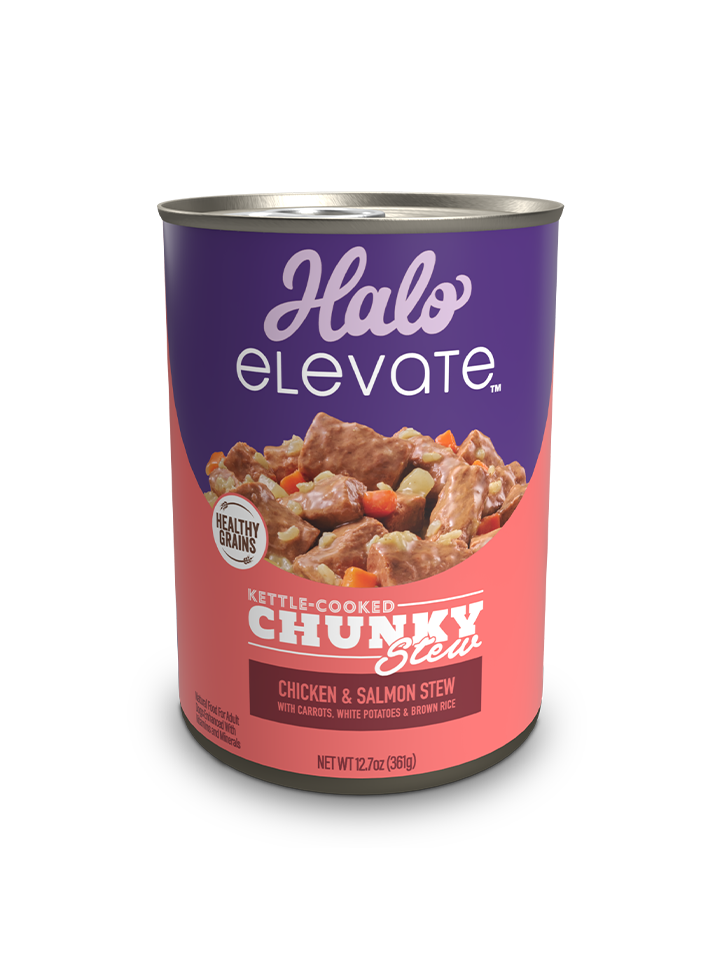 Halo Chunky HG Chicken Salmon Stew Carrots White Potatoes Brown Rice 12.7oz